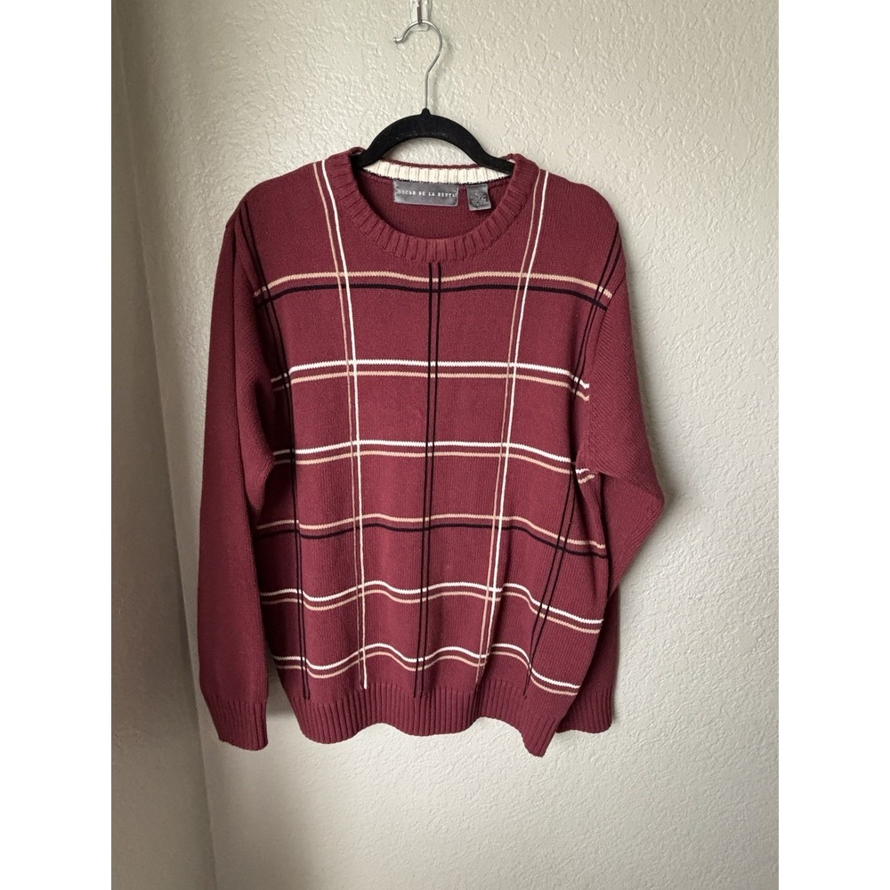Oscar De La Renta Burgundy Window Pane Plaid 100% Cotton Sweater Men's Sz Medium